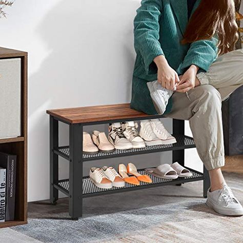 Wood Shoe Organizer, Shoe Storage Shelves, Garage Shoe, Garage Shoe Storage, Shoe Rack Hallway, Rustic Shoe Rack, Bench For Entryway, Metal Shoe Rack, Shoe Rack Bench