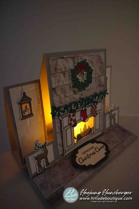 Side Step Christmas Cards, Fireside Trimmings Stampin Up Cards, Step Cards Tutorial, Pop Up Christmas Cards, 3d Christmas Cards, Center Step Cards, Side Step Card, Candle Cards, Fancy Fold Card Tutorials