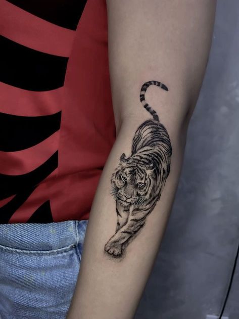 Pouncing Tiger Tattoo, Shaded Tiger Tattoo, Tiger Tattoo Realism, Tiger On Back Tattoo, Tiger Foot Tattoo, Tiger Wrist Tattoo, Siberian Tiger Tattoo, Tiger Tattoo Realistic, Back Tiger Tattoo