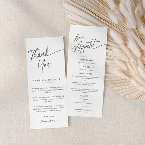 Wedding Dinner Menu and Thank You, Minimalist Wedding Thank You Napkin Note, Modern Wedding Menu, Editable Template, Instant Download - EJ09 Thank You Dinner Card, Wedding Menu For Table, Rehearsal Dinner Thank You Note, Personalized Wedding Menu Cards, Wedding Menu And Thank You Cards, Thank You Wedding Cards, Table Menu Design, Menu For Wedding, Menu Cards Wedding