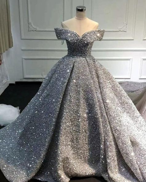 Silver Quinceanera Dresses, Silver Wedding Gowns, Ball Gown Off Shoulder, Gown Off Shoulder, Silver Wedding Dress, Gowns Aesthetic, Sequin Ball Gown, Sparkly Gown, Designer Bridal Lehenga Choli