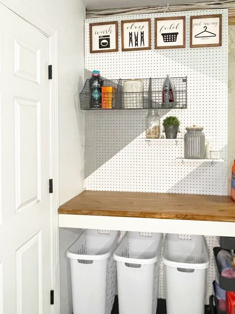 Laundry Room With Pegboard, Utility Room Pegboard, Pegboard Organization Laundry Room, Peg Board Laundry, Pegboard Laundry Room, Laundry Room Pegboard, Painted Pegboard, Laundry Room Update, Bathroom Organization Hacks