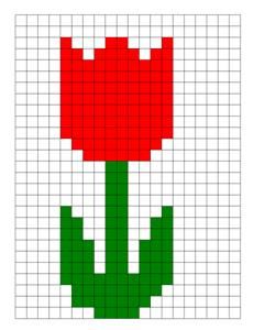 Tulip in squares Tulips Pixel Art, Pixel Art For Kids, Pixel Art Flower, Flower Pixel Art, Tulip Cross Stitch, Flowers Pixel, 100 Day Activities, Pixel Flower, Grid Art