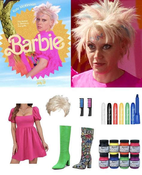 Barbie Day Homecoming, Pink Hair Barbie Costume, Alan Costume Barbie, Barbie Movie Kate Mckinnon, Barbies From The Barbie Movie, Crazy Barbie Costume, Weird Barbie Movie, Weird Barbie Costume Ideas, Kate Mckinnon Barbie