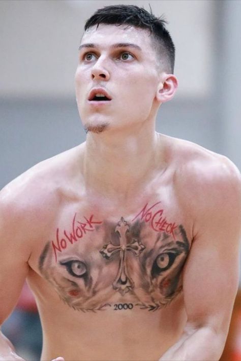 TYLER HERRO’S CHEST TATTOO IS ONE OF MANY CHRISTIAN SYMBOLS INKED ON NBA PLAYERS Devin Haney Tattoo, Basketball Players Tattoos, Tyler Herro Tattoo, Nba Tattoos For Men, Be Legendary Tattoo, Nba Players Tattoos, Nba Tattoo, Christian Tattoos For Men, Basketball Tattoos