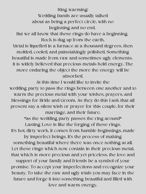 Wedding Ring Symbolism Quote, Warming Of The Rings Ceremony, Ceremony Readings Nontraditional, Nondenominational Wedding Ceremony, Exchange Of Rings Wording, Ring Warming Ceremony Script, Funny Wedding Ceremony Script Officiant, Ceremony Readings Wedding, Handfasting Ceremony Script