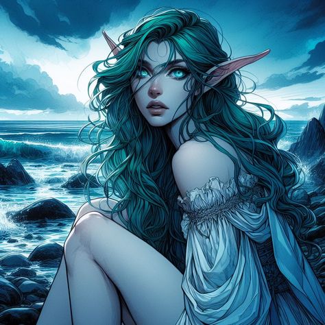 Triton Pirate, Sea Elf Dnd Male, Triton Princess Dnd, Dnd Siren Character Art, Aquatic Elf Male, Sea Elf Female Dnd, Sea Elf, Dnd Concept, Character Words