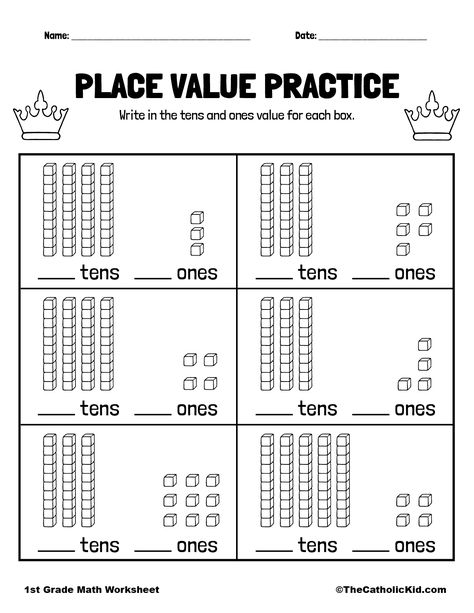 Place Value Worksheet 1st Grade Math - TheCatholicKid.com Teaching 1st Grade Ideas, Ones And Tens Worksheet First Grade, Place Value Worksheets For Kindergarten, Class1 Math Worksheet, 1st Grade Math Practice Sheets, Place Value Tens And Ones Worksheets, Place Value Grade 1 Worksheet, Homework 1st Grade, 2nd Grade Place Value Worksheets