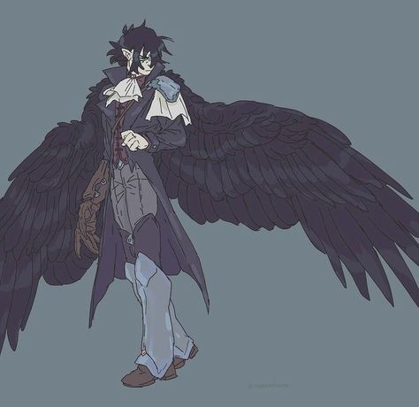 Harpy Character Design Male, Creatures Oc Art, Crow As A Human, Harpy Oc Male, Avian Oc Male, Wyvern Human Hybrid, Human With Bat Wings, Creepy Character Design Male, Crow Person Character Design