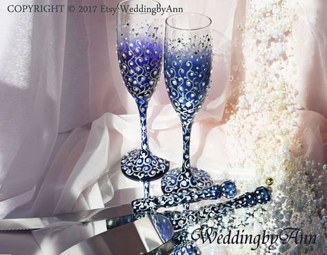 Navy Blue Wedding Glasses Navy Wedding Wedding Champagne Blue Champagne Flutes, Wedding Cake Serving Set, Wedding Cake Servings, Cake Serving, Cake Serving Set, Cake Knife, Wedding Flutes, Wedding Champagne, Cake Accessories