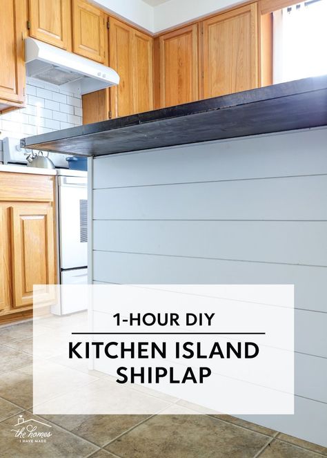 DIY Kitchen Island Shiplap is an easier project than you might think! Whether you rent or own, this is an quick upgrade that can completely transform your kitchen without damage or an expensive renovation! You'll have to check out these Kitchen Before and Afters! Kitchen Island Wallpaper Ideas, Redo Kitchen Island Diy, Redoing Kitchen Island, Paneling On Kitchen Island, Paneling Kitchen Island, Shiplap Peninsula Kitchen, Island Shiplap Kitchen, Kitchen Island Covering Ideas, Kitchen Island Wrap