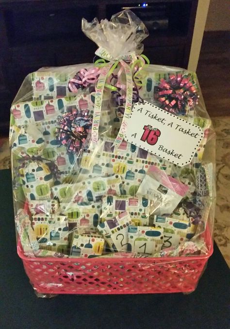 A Tisket, A Tasket, A Sweet 16 Basket! Filled with 16 gifts for the Special Birthday Girl!! Sweet 16 Basket, 16th Birthday Gifts For Girls, A Tisket A Tasket, 16 Gifts, Sweet 16 Birthday Gifts, Birthday Present For Boyfriend, Sweet Sixteen Gifts, Birthday Presents For Girls