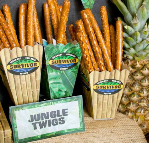 Jungle twig pretzel rods from a "Survivor" Themed Summer Party on Kara's Party Ideas | KarasPartyIdeas.com Survivor Theme Food Party Ideas, Survivor Food Ideas, Survivor Party Food Ideas, Survivor Themed Food, Survivor Theme Party, Survivor Party Games, Remission Party, Survivor Theme, Stem Night