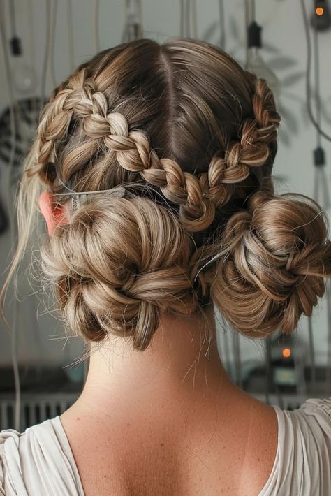 Mushroom Bun Hair, Space Buns Long Curly Hair, Cute Hairstyles Buns And Braids, Galaxy Buns Hair, Braids Into A Bun Hairstyles, Professional Space Buns, Space Bun Updo, Formal Space Buns, Fae Aesthetic Hairstyles