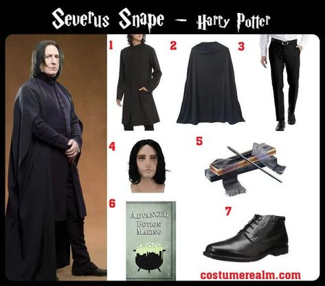 Dress Like Severus Snape From Harry Potter, Severus Snape Costume, Cosplay, Halloween Costume, Fancy Dress Guide Men’s Harry Potter Costume, Professor Snape Costume, Snape Costume Female, Snape Costume Diy, Severus Snape Outfit, Adult Harry Potter Costume, Costumes Starting With S, Snape Halloween Costume, Severus Snape Costume