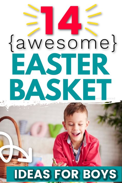 Excited boy opening his Easter Basket with text: 14 Awesome Easter Basket Ideas for Boys Easter Basket Ideas Boys Age 7, Preschool Easter Basket, Mens Easter Basket, Easter Basket Ideas For Boys, Fun Easter Baskets, Boys Easter Basket, Christmas Activities For Families, Easter Craft Projects, Toddler Gear