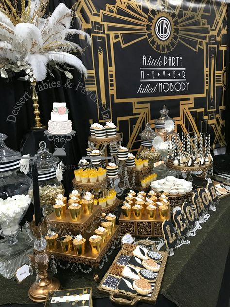 Great Gatsby Theme Dessert Table by Dessert Tables and Favors, Inc. 1920 Decorations Party The Great Gatsby, Gatsby Themed Dessert Table, Great Gaspy Party Favors, Great Gatsby Dessert Table Ideas, 1920s Themed Desserts, 1920s Dessert Table, 50th Birthday Great Gatsby Theme, Great Gatsby 70th Birthday, Harlem Nights Dessert Table