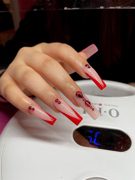 Red Nails V Tip, Red V French Tip Nails, V Cut French Tip Nails, V French Tip Nails, V French Tip, Acrylic Square Nails, How To Cut Nails, French Nail Designs, Nails Square