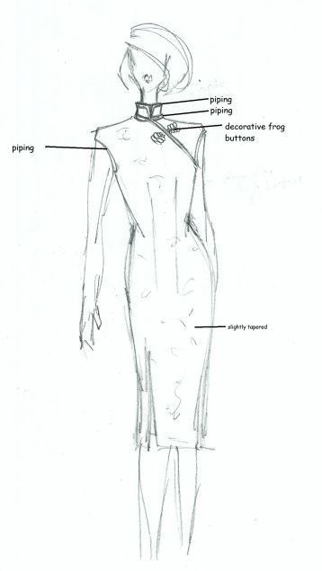 Cheongsam working drawing (1 of 1) Cheongsam Pattern, Cheongsam Traditional, Chinese Clothes, Mandarin Collar Dress, Cheongsam Modern, Chinese Learning, Modern Cheongsam, Basic Pattern, Working Drawing