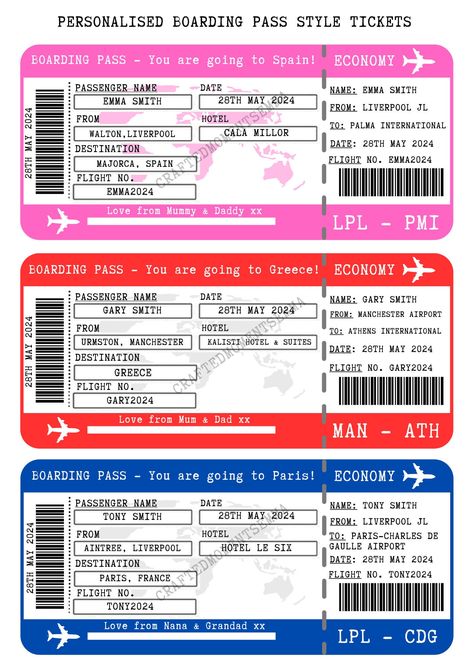 Surprise your recipient(s) with a personalised flight boarding pass style ticket revealing a surprise holiday or trip for their birthday or special occasion! Card used is good quality 160gsm matte card Envelope included is a standard white gummed envelope. It will be left blank The pass is 21cm x 7cm approx. Details needed for your ticket: Passenger's name Passenger's home destination e.g Aintree, Liverpool Holiday destination Date of the holiday Hotel name Airport you are departing from Airport you are coming home from Message (optional) e.g love from Mum.... Your pass will be sent in a cardboard backed envelope. Flight Boarding, Christmas Ticket, Airport Tickets, First Class Tickets, Holiday Hotel, Flight Ticket, Card Envelopes, Holiday Destinations, Invitation Paper