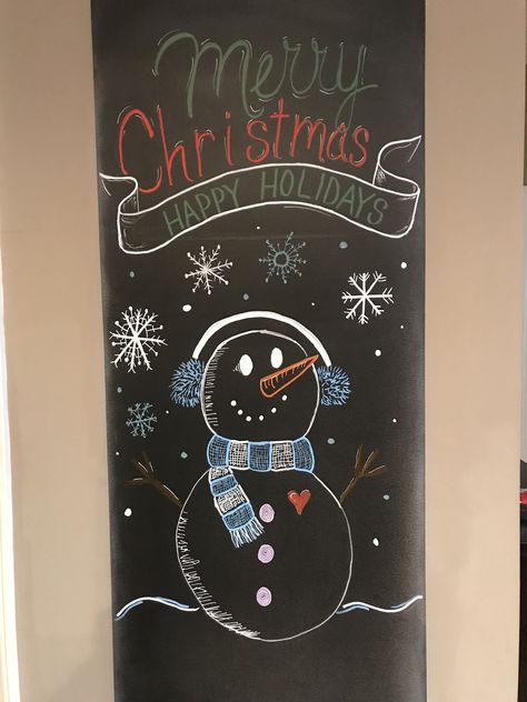 Chalk Marker Christmas Mirror, Cute Christmas Chalkboard Ideas, Chalk Christmas Art, Snowman Chalkboard Art, December Chalkboard Ideas, Church Announcements, January Kindergarten, Chalkboard Christmas, Chalkboard Drawings