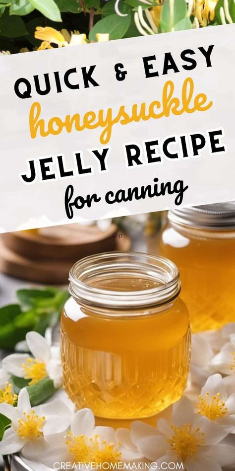 Preserve the taste of summer with this easy honeysuckle jelly canning recipe. Enjoy the sweet and floral notes of honeysuckle all year round. Honeysuckle Jelly, Honey Jelly, Peach Jelly, Canning Peaches, How To Make Jelly, Canning Process, Canning Jam, Canning Recipe, Canned Food Storage