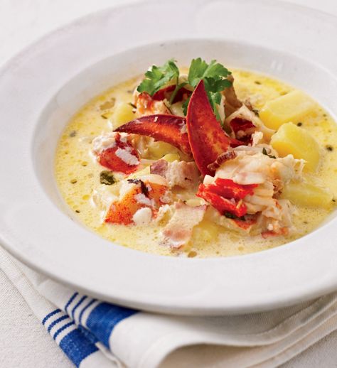 Lobster Chowder Recipe, Bacon And Potatoes, Lobster Chowder, Lobster Stew, Lobster Soup, Lobster Bisque Recipe, Lobster Stock, Fish Chowder, Bisque Recipe