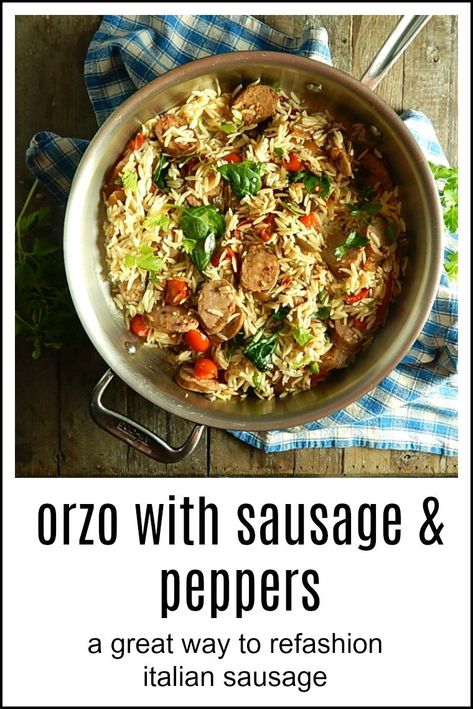 Orzo with Sausage & Peppers is an easy, quick meal - it's your solution for any leftover Italian sausage links from game day, or start from scratch. #OrzoItalianSausage #PastaItalianSausage Orzo With Sausage, Italian Sausage Links, Quick Cheap Meals, Sausage Peppers, Italian Sausage Recipes, Sausage Dishes, Orzo Recipes, Sausage Links, Sausage And Peppers