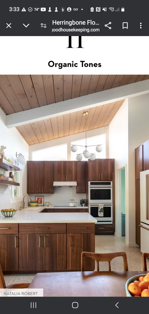 Kitchen Peninsula Attached To Wall, Mid Century Modern Kitchen Renovation, Top Kitchen Trends, Kitchen Peninsula, Mid Century Modern Kitchen, Herringbone Floor, Big Kitchen, Gold Kitchen, Mid Century Kitchen