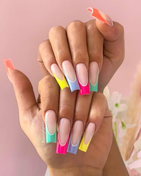 French Tip Orange, Multi Color Nails, Neon Yellow Nails, Spring Designs, Purple Tips, Ombre Purple, File Manager, Nails Yellow, French Polish