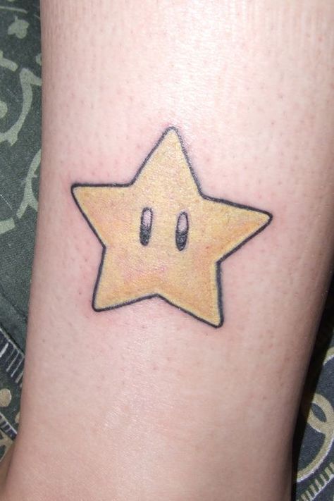 Kirby Star Tattoo, Cartoon Star Tattoo, Mario Star Tattoo, Mario Tattoos, Super Mario Tattoo, Mario Tattoo, Mario Star, Wicked Tattoos, Power Star