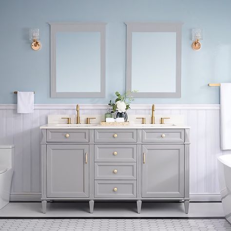 WELLFOR ELISA Solid Wood Bathroom Vanities with Top 60-in Gray Undermount Double Sink Bathroom Vanity with Carrera White Quartz Top in the Bathroom Vanities with Tops department at Lowes.com Wood Bathroom Vanity, Double Sink Bathroom, Double Sink Bathroom Vanity, Bathroom Vanity Cabinets, Kids Bath, Undermount Sink, Bathroom Vanity Tops, White Quartz, Simple Colors