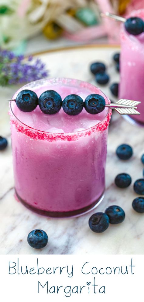 Blueberry Coconut Margarita -- This slightly creamy tropical Blueberry Coconut Margarita will make you feel like you're on a beach... But it can easily be made in your kitchen with just blueberry simple syrup, tequila, and coconut milk! | wearenotmartha.com #margaritas #coconutmilk #blueberry #margaritarecipe #tequilacocktails via @wearenotmartha 1800 Coconut Tequila Recipes, February Cocktails, Blueberry Cocktail Recipes, Coconut Milk Cocktail, Kiwi Mojito, Coconut Tequila, Blueberry Drinks, Blueberry Margarita, Tropical Drink Recipes