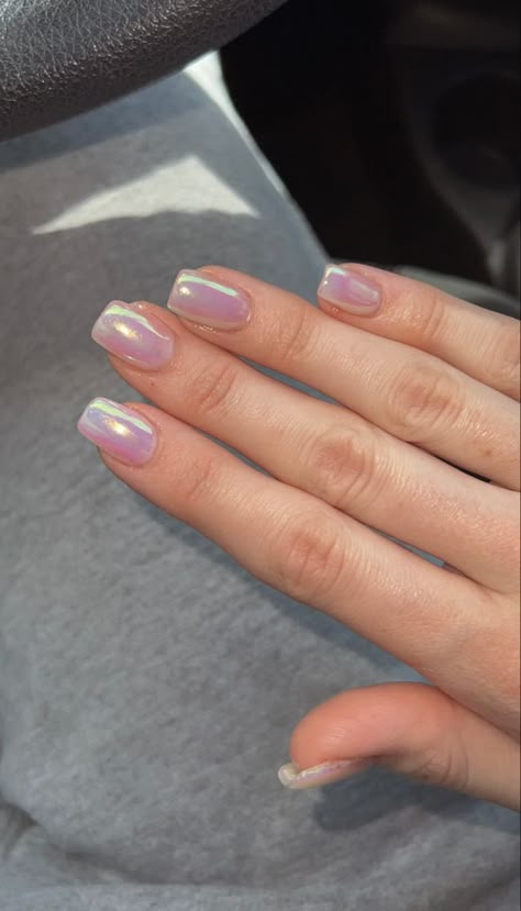 Chrome Tips Nails Square, Crome Nails Square Short, Chrome Nails Short Coffin, Rounded Square Chrome Nails, Short Square Iridescent Nails, Pink And White Chrome Nails Designs, Square Chrome Pink Nails, Square Round Chrome Nails, Short Acrylic Nails Crome