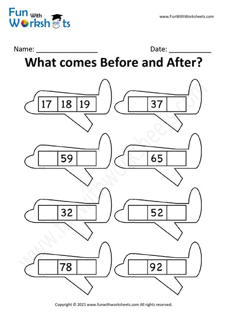 After Before Number Activity Practice Worksheets for Kids to learn and practice numbers between 1 to 100. Download Free Printable Worksheets from www.funwithworksheets.com for Preschool, Kindergarten, Class1, etc. Numbers Activities Preschool, Number Practice Worksheets, Kindergarten Syllabus, Numbers Activities, Number Learning, Number Practice, Worksheets For Class 1, Numbers 1 100, Number Activity