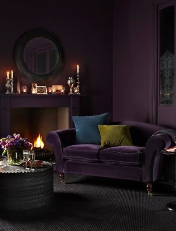 Aubergine sofa and walls - Interiors By Color Aubergine Sofa, Purple Velvet Sofa, Moody Living Room, Purple Living Room, Purple Sofa, Dark Living Rooms, Purple Interior, Purple Rooms, Cosy Living Room