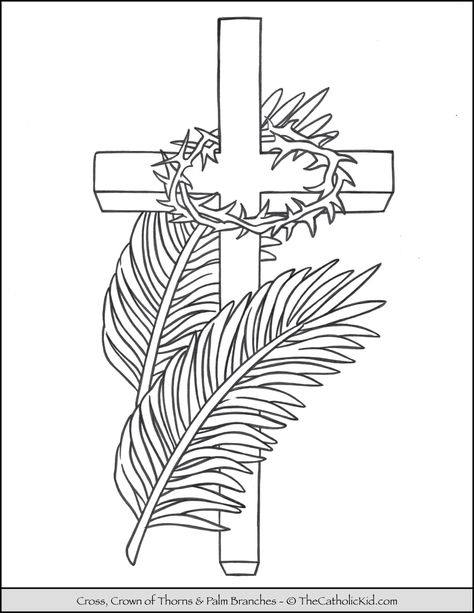 Lent Coloring Page Cross Palms Crown of Thorns - TheCatholicKid.com Palm Sunday Drawing Ideas, Palm Sunday Coloring Page, Lent Coloring Pages, Lent Art, Christian Coloring Pages, Cross Coloring Page, Shape Coloring Pages, Bible Coloring Pages, Catholic Kids