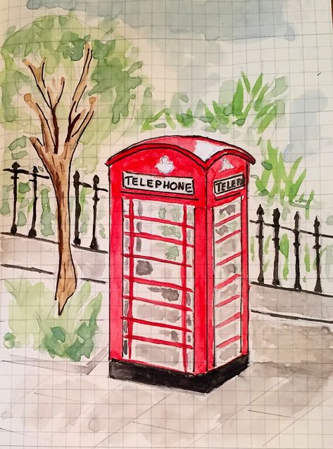 London phone booth Phone Booth Drawing, London Phone Booth, Flowers Photography Beautiful, Phone Wallpaper Pastel, London Drawing, Boys With Tattoos, Painted Pictures, Vintage Floral Backgrounds, Watercolor Landscapes