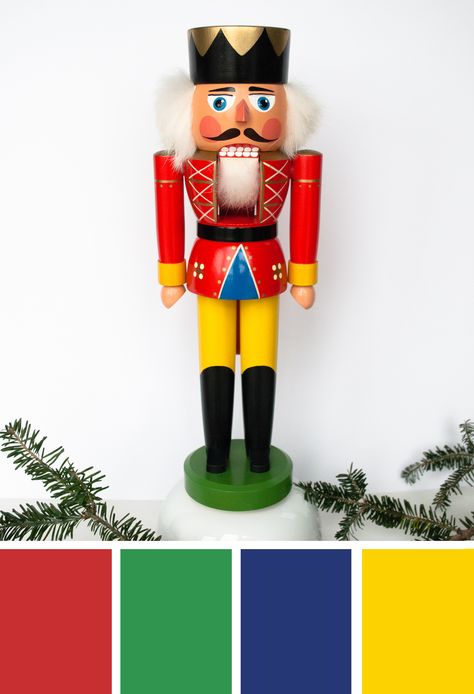 'Nutcracker color palette inspiration. Try this red, green, blue and yellow color palette on your holiday paper crafts, winter wreaths, Christmas table decor, Christmas decorations, Christmas ornaments and more #Colorize #ABColorPalette Painting Nutcrackers, Blue And Yellow Color Palette, Crafts Winter, German Nutcrackers, Xmas Color, Yellow Color Palette, Christmas Colour Schemes, Frosting Colors, Trending Crafts