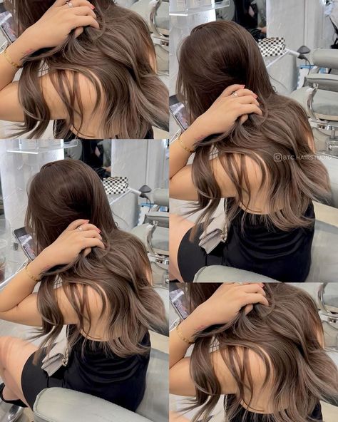 Brown Hair With White Ends, Ash Brown With Babylights, Milk Tea Highlights On Black Hair, Brown With Babylights, Milk Tea Highlights, Highlights On Black Hair, Black Hair With Highlights, Ash Brown, Hair Dye