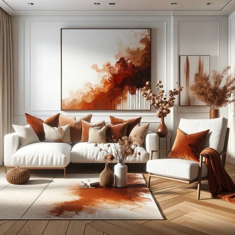 white and burnt sienna living room Rust Color Decor Living Room, Burnt Orange Accent Wall Living Room, Sienna Living Room, Cream And Orange Living Room, White And Orange Living Room, Beige And Orange Living Room, Burnt Orange Living Room Decor, Room Recor, Bedroom Interior Colour