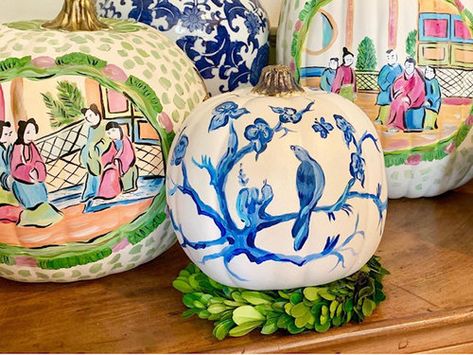 Mermaid Cottage, Decorated Pumpkins, Chinoiserie Pumpkins, Decorative Pumpkins, Fall Blue, Antique Shopping, Hand Painted Pumpkin, Chinoiserie Design, Chinoiserie Decorating