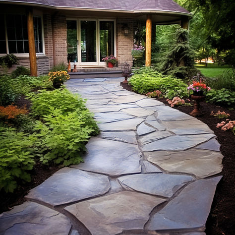 15 Gorgeous Flagstone Patio Ideas Flagstone Entryway Front Entrances, Slate Walkway Paths, Flagstone Garden Path, Flagstone Pathway Walkways, Flagstone Front Porch, Flagstone Patio Ideas, Backyard Hill, Backyard Hill Landscaping, Hill Landscaping