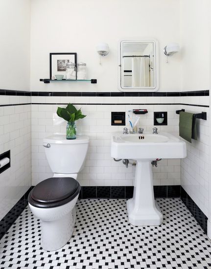 - ̗̀ @graciegeeding Black And White Powder Room, Baie Vintage, Black And White Bathroom Floor, Classic Bathroom Tile, Design Interior Baie, Beautiful Tile Bathroom, Makeover Kamar Mandi, Black And White Tiles Bathroom, Classic Bathroom Design