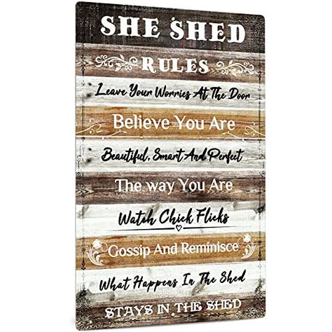 Putuo Decor She Shed Decor, Farmhouse Wall Sign for Home, Kitchen, Garden, Women Cave, Gift for Girlfriend, Ladies, 12x8 Inches Aluminum Metal Sign - She Shed Rules She Shed Signs, Women Cave, She Shed Decor, Shed Decor, Shed Signs, Rustic Wooden Sign, Woman Cave, Funny Wall Art, She Sheds