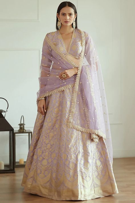 Lavender Banarasi Silk Lehenga Set Design by Studio Iris at Pernia's Pop Up Shop 2022 Studio Iris, Banarasi Lehenga, Vacuum Storage, Indian Wedding Wear, Dupion Silk, Silk Lehenga, Net Dupatta, Brown Girl, Designer Gowns