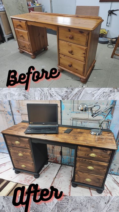 Old Desk Repurpose Diy Projects, Pine Desk Makeover, Pine Desk Upcycle, Old Desk Drawers Repurposed, Upcycled Teachers Desk, Old School Desk Repurpose, Tube Furniture, Desk Revamp, Desk Upcycle