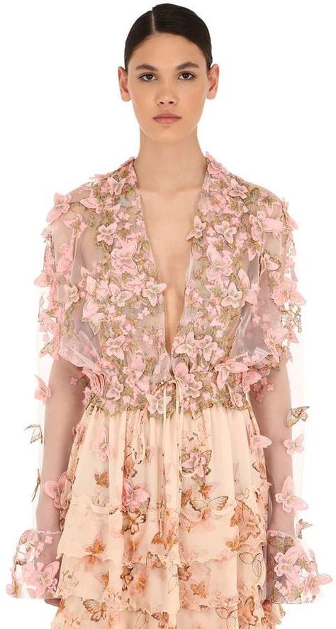 Embellished Tulle Top Tulle Top, Luisa Beccaria, Girly Style, Girly Fashion, Plunging Neckline, Floral Tops, Long Sleeves, Elastic, Floral