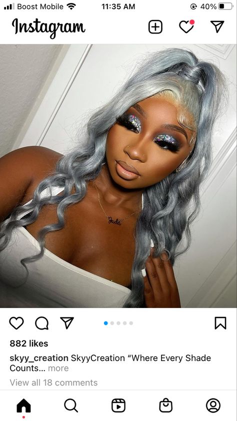 Silver Makeup Ideas For Black Women, Silver Full Glam Makeup, Silver Birthday Makeup For Black Women, Sliver Prom Makeup Looks, Iridescent Makeup Looks Black Women, Grey Prom Makeup, Grey Makeup Looks For Black Women, Baby Blue Makeup Looks Black Women, Sliver Makeup Black Women