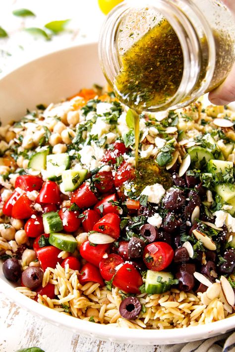 Orzo Recipes Make Ahead, Mediterranean Orzo Salad With Spinach, Orzo Pasta Salad With Chickpeas, Orzo Mediterranean Salad Feta, Lemon Feta Orzo Salad, Orzo Feta Pasta Salad, Orzo Salads For Parties, Sicilian Pasta Salad Recipes, Rice And Salad Recipes